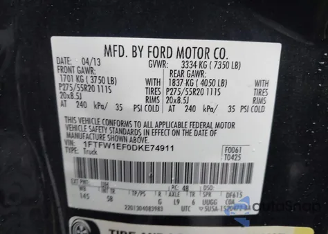 2013 Ford F-150 Fx4 из США, поврежденный, VIN 1FTFW1EF0DKE74911